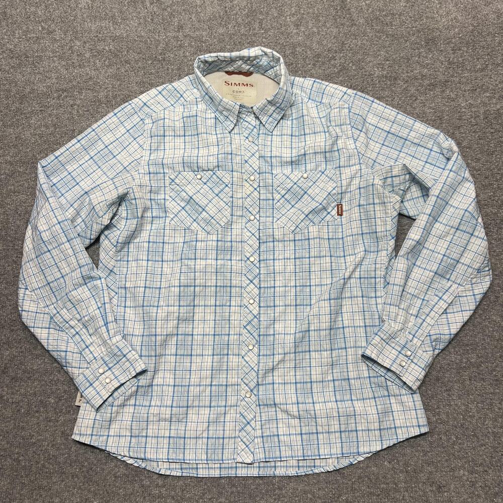 Simms Fishing Cor3 Pearl Snap Western Shirt Women L Vented Performance Plaid Top